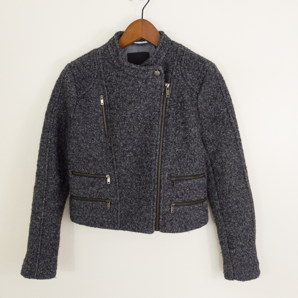 Banana Republic Boucle Moto Jacket Gray Black Tweed Asymmetrical Zip Petite 0P